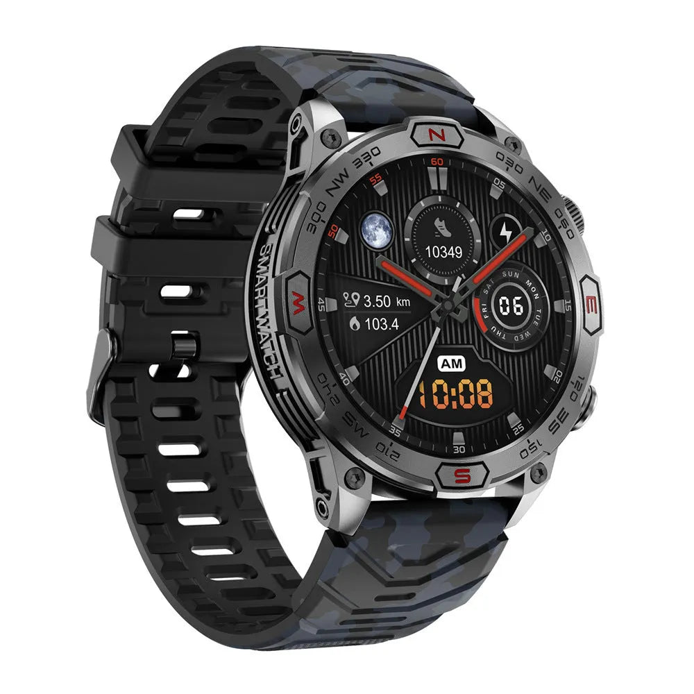 Black sports smartwatch with AMOLED screen on a silicone strap, showing fitness stats.