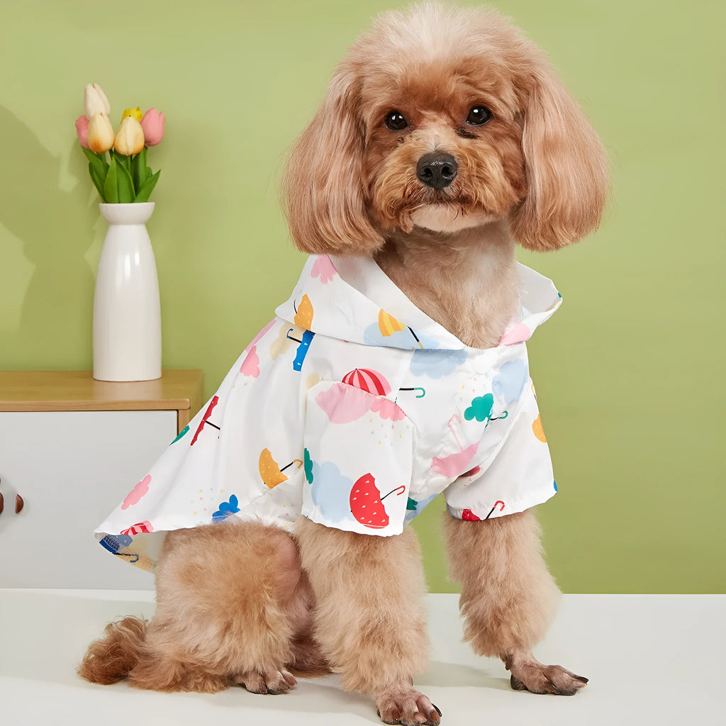 Colourful cartoon umbrella pattern dog raincoat in polyester material, shown in size L.