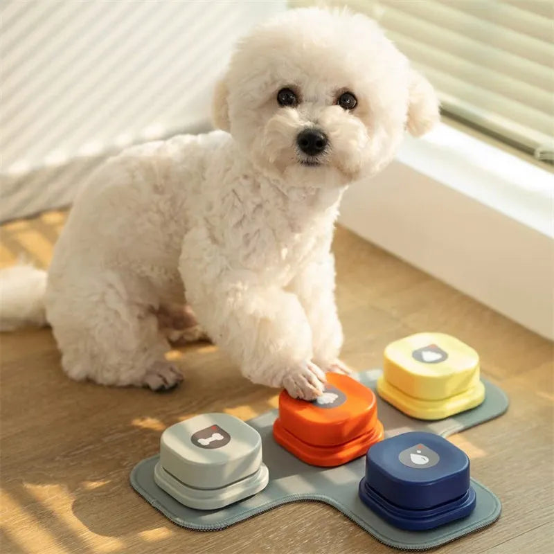 Pet communication button in orange, blue, grey, and yellow with optional 4-grid mat