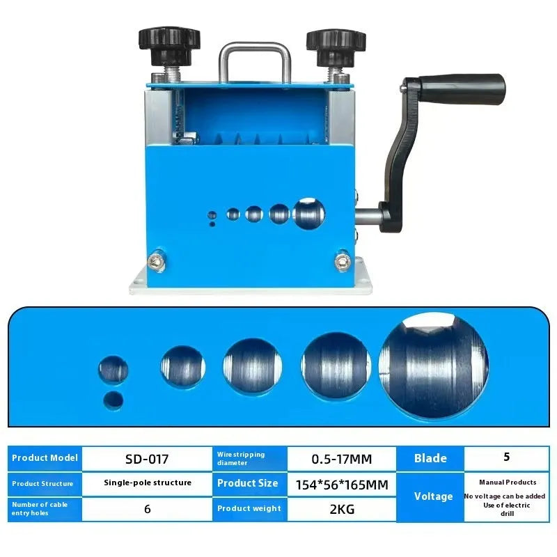 SD-017 manual wire stripping machine showing automatic porous design for 0.5mm to 17mm cable diameters