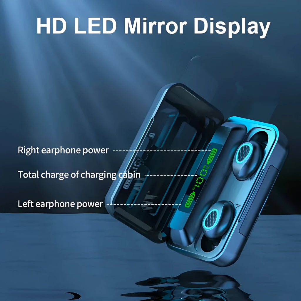 R15 TWS Bluetooth binaural in-ear headset with charging cabin, black finish, showing magnetic nano charging contacts