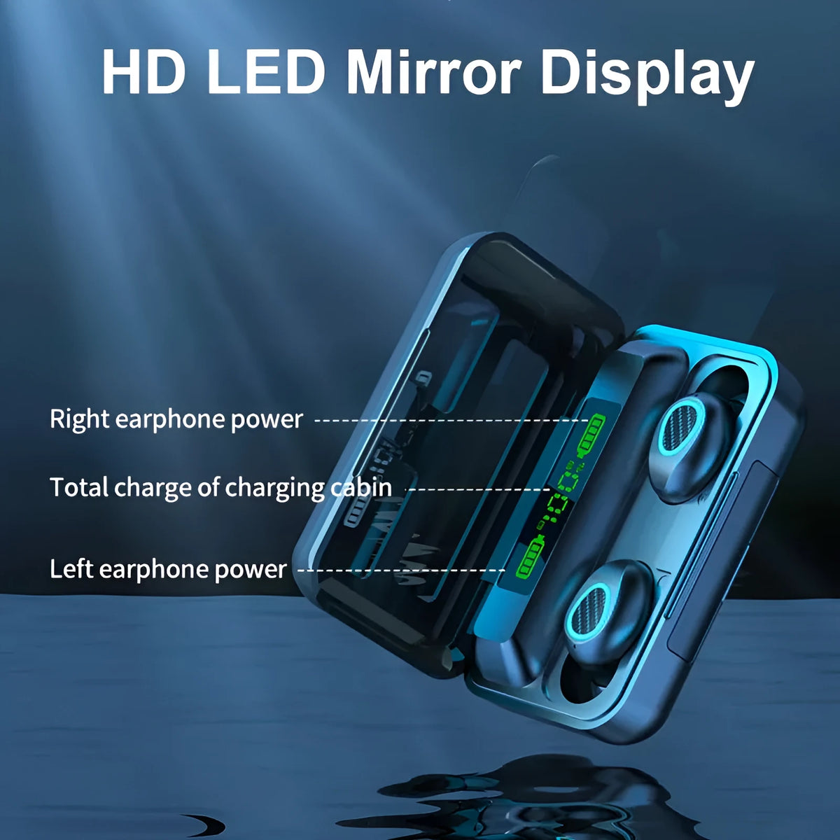 R15 TWS Bluetooth binaural in-ear headset with charging cabin, black finish, showing magnetic nano charging contacts