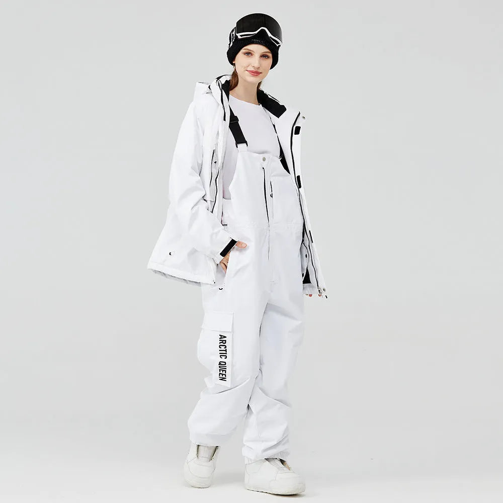 Unisex winter ski suit with veneer double board construction in blue, green, pink, or white colour combinations