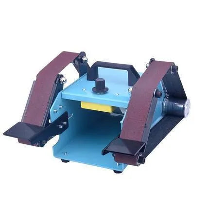 Blue desktop dual-axis belt sander with 750W motor and variable speed control for sharpening and polishing