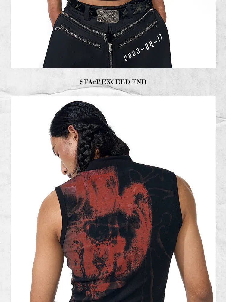 Black slim-fit sleeveless t-shirt with half-turtleneck collar and a printed character design on the front.