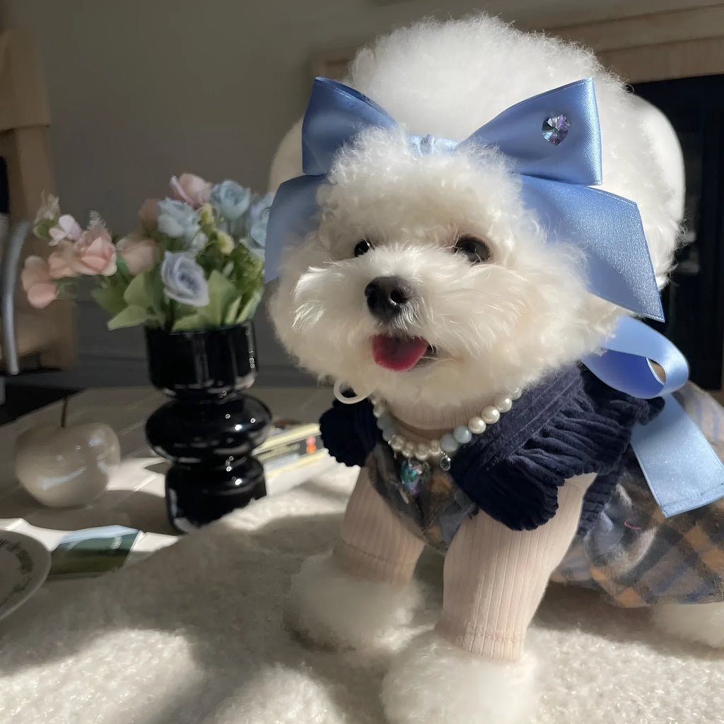 Adjustable dog hair band headdress with princess style bow on polyester cotton ribbon