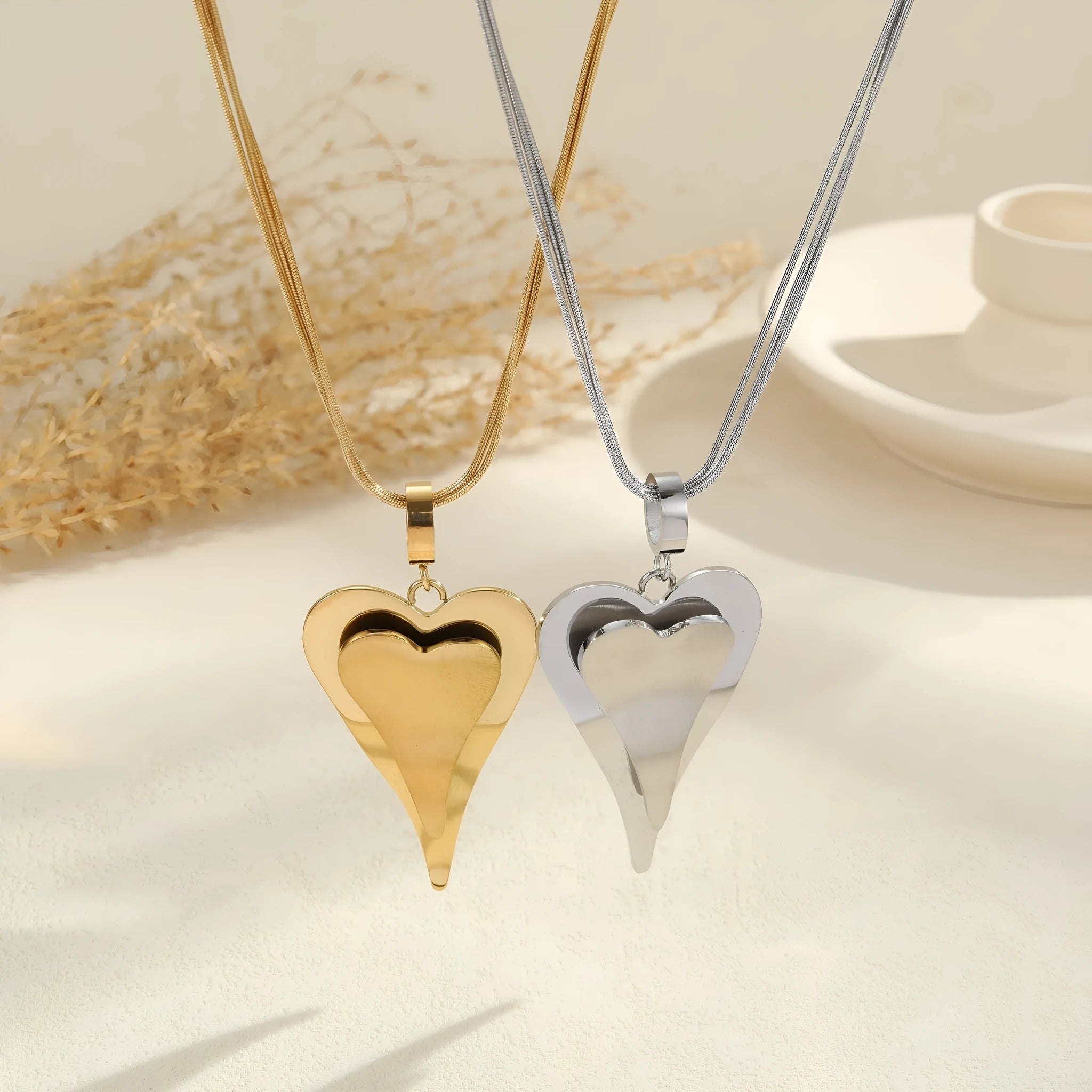Double heart geometric pendant with snake bones chain stainless steel necklace in gold or steel finish