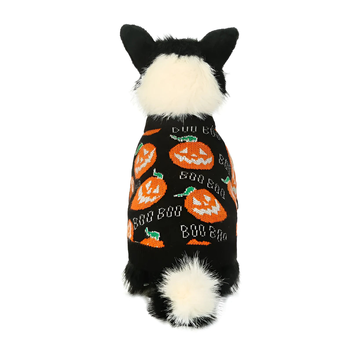 Black polyester dog sweater with orange pumpkin pattern for Halloween, shown on a dog.