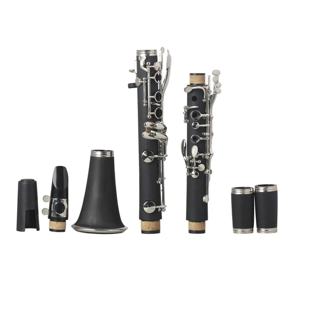 Black Bakelite beginner clarinet with 17 nickel-plated keys and carrying bag