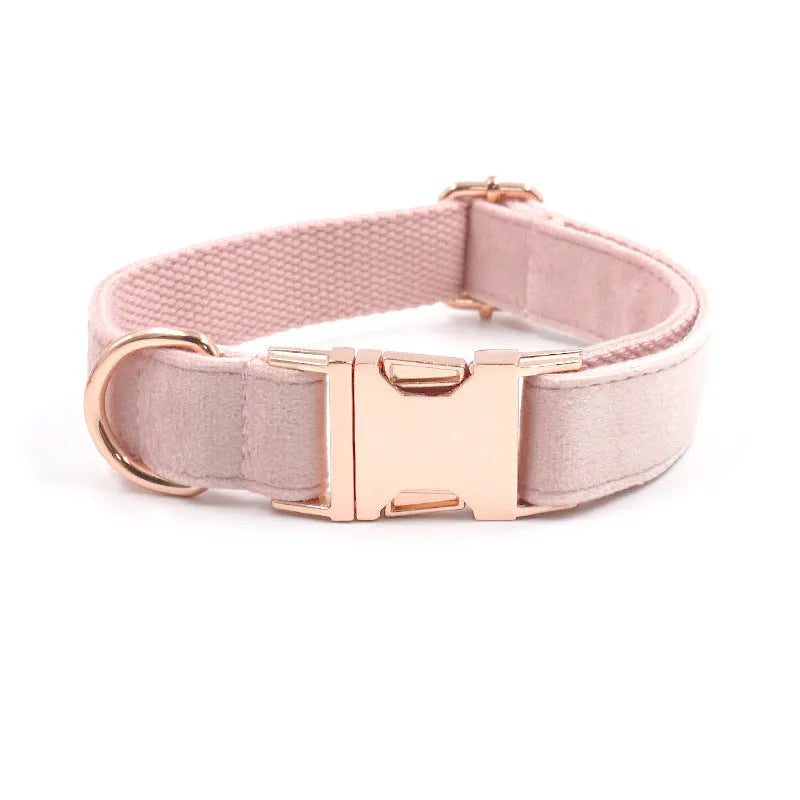 Pink velvet pet collar with rose gold hardware and matching leash on a white background