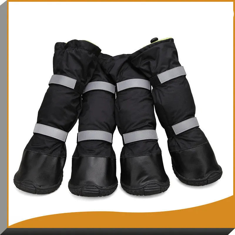 Waterproof pet rain boots in blue with reflective straps and flannel lining for medium to large dogs