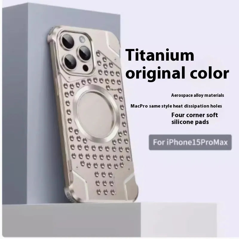 Borderless aluminium alloy phone case with hollow back and magnetic suction for iPhone 15 Pro Max, in grey colour