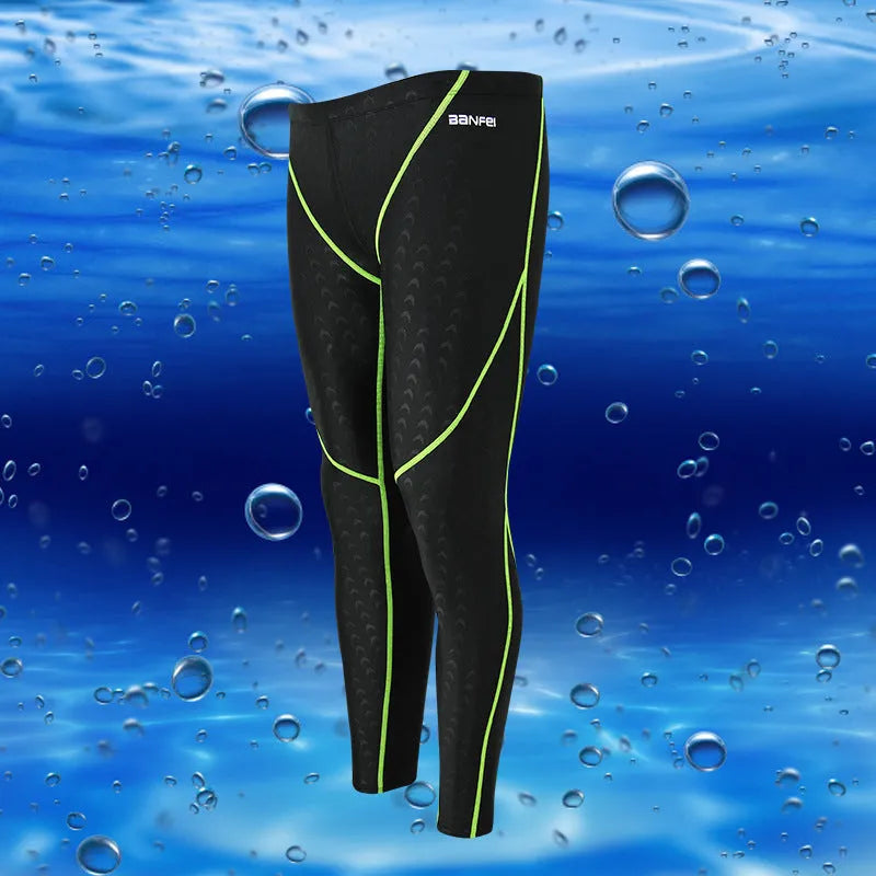 Men's nylon cropped swimming trunks in black with coloured lines suitable for swimming and cycling