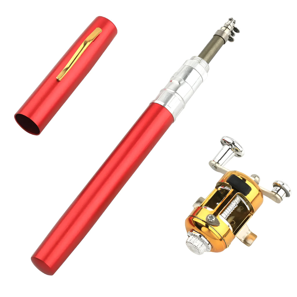 Compact telescopic pocket fishing rod kit with ST5RL reel in aluminium pen case, shown collapsed and extended.