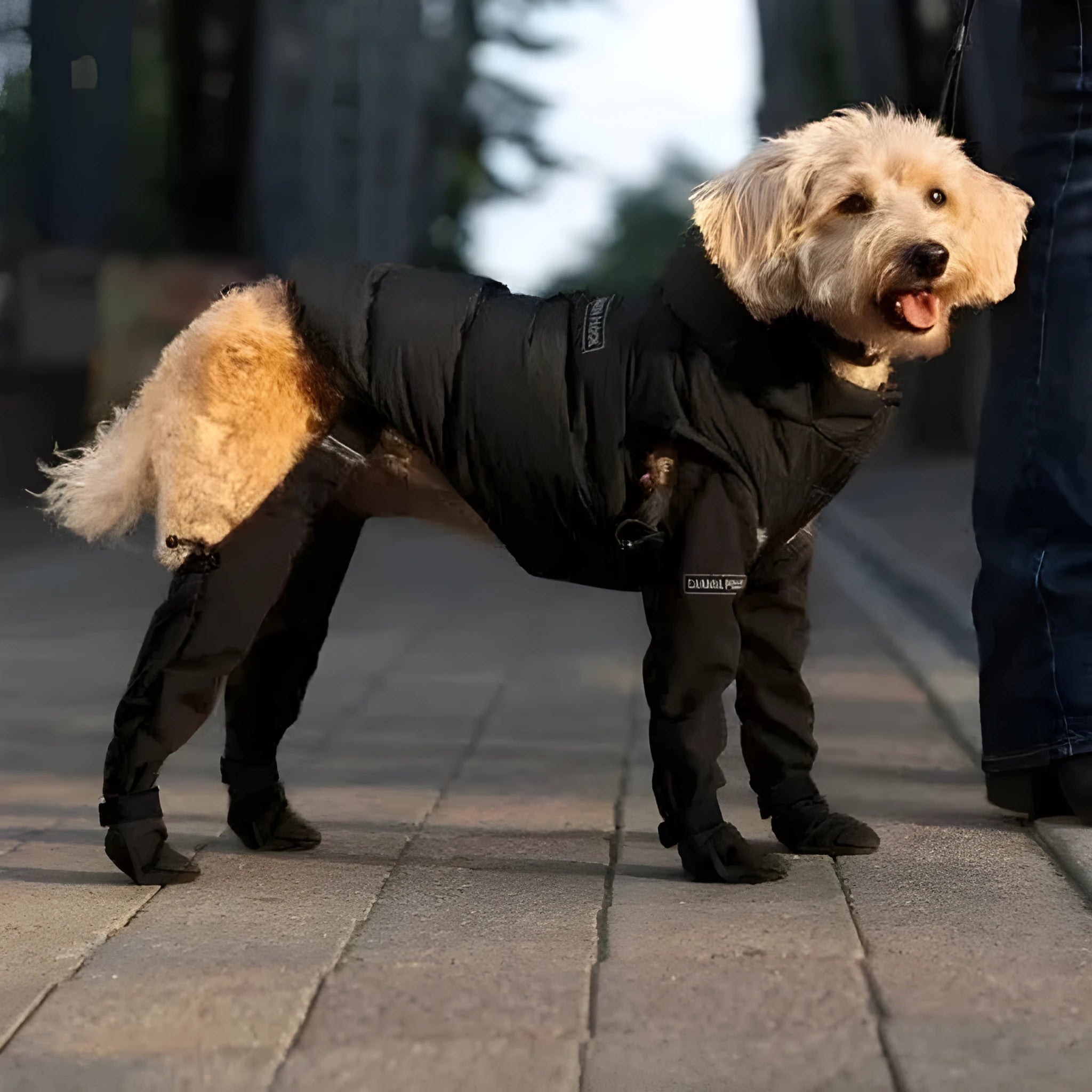 Black waterproof dog shoes with adjustable straps on a dog's paw.