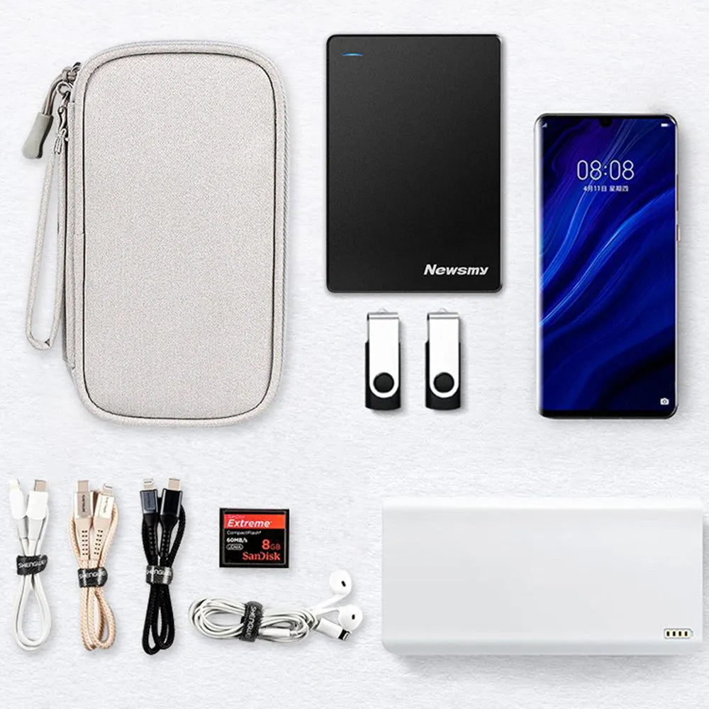 Double-layer waterproof storage bag for data cables, power bank, and USB drives in black