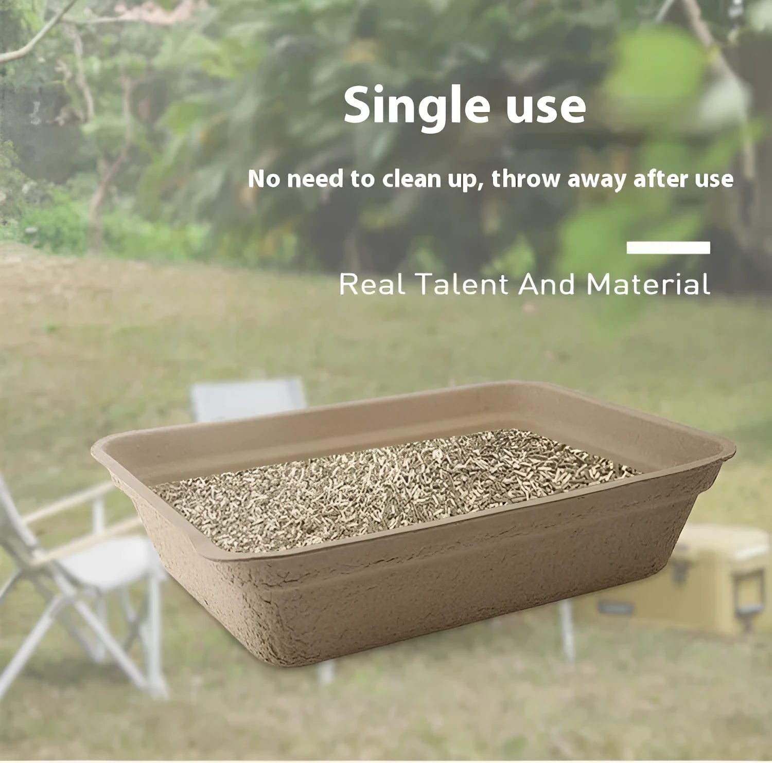 Brown disposable cat litter box showing three size options with waterproof biodegradable materials