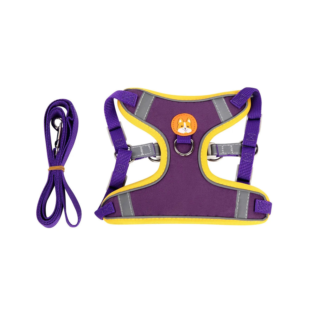 Adjustable dog haulage rope harness in multiple colours on a chest strap, showing S M L XL sizes.