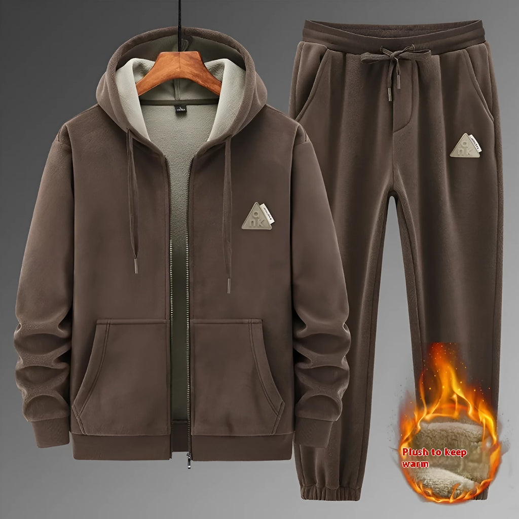 Men's grey casual sports suit with hooded sweater and matching trousers for cold weather wear