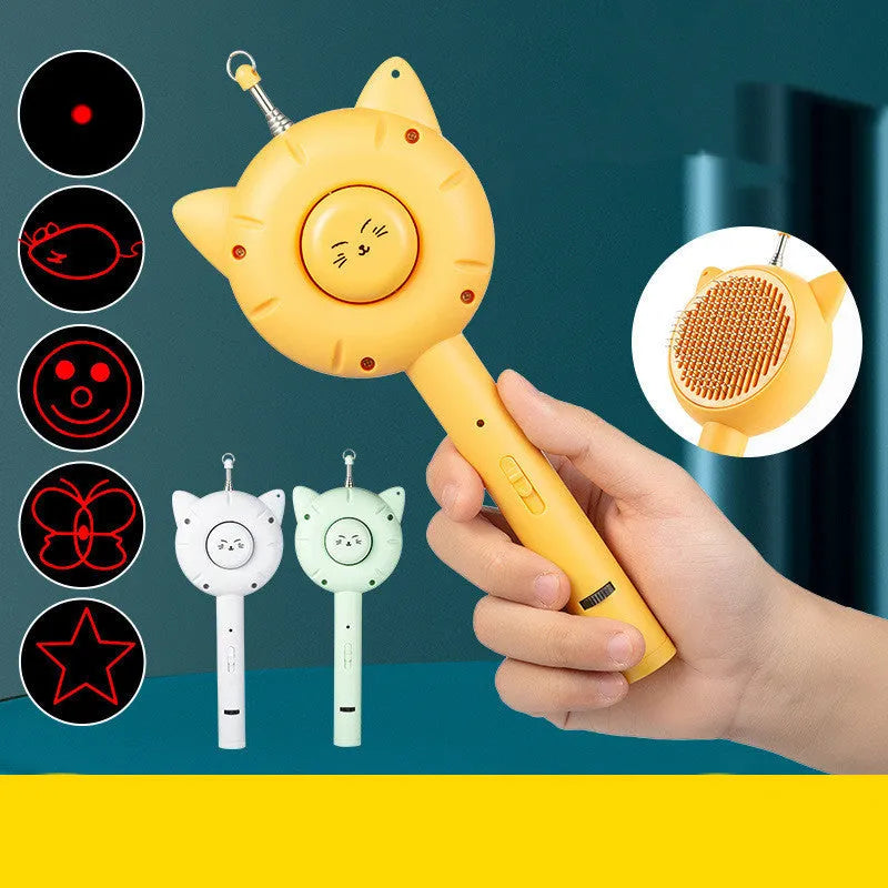 Multifunctional laser cat teaser stick with USB charging in green, white, and yellow colours on a white background