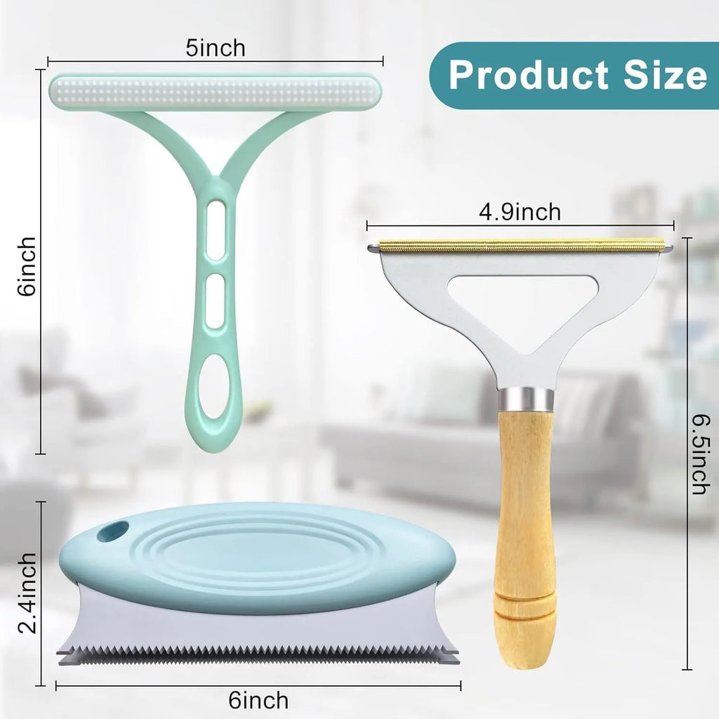 Three piece pet hair remover set with metal brush, silicone brush and round cleaner for home and car use