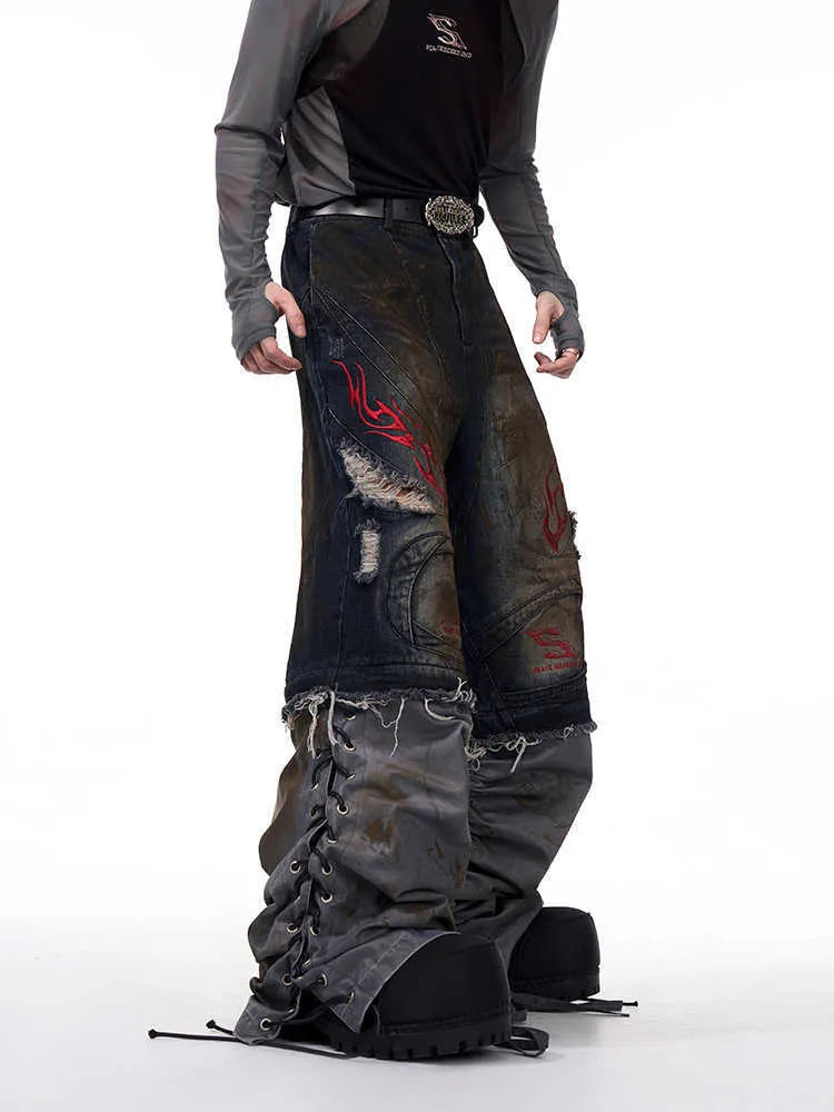 Men's retro-style wide-leg jeans with detachable trouser legs in denim