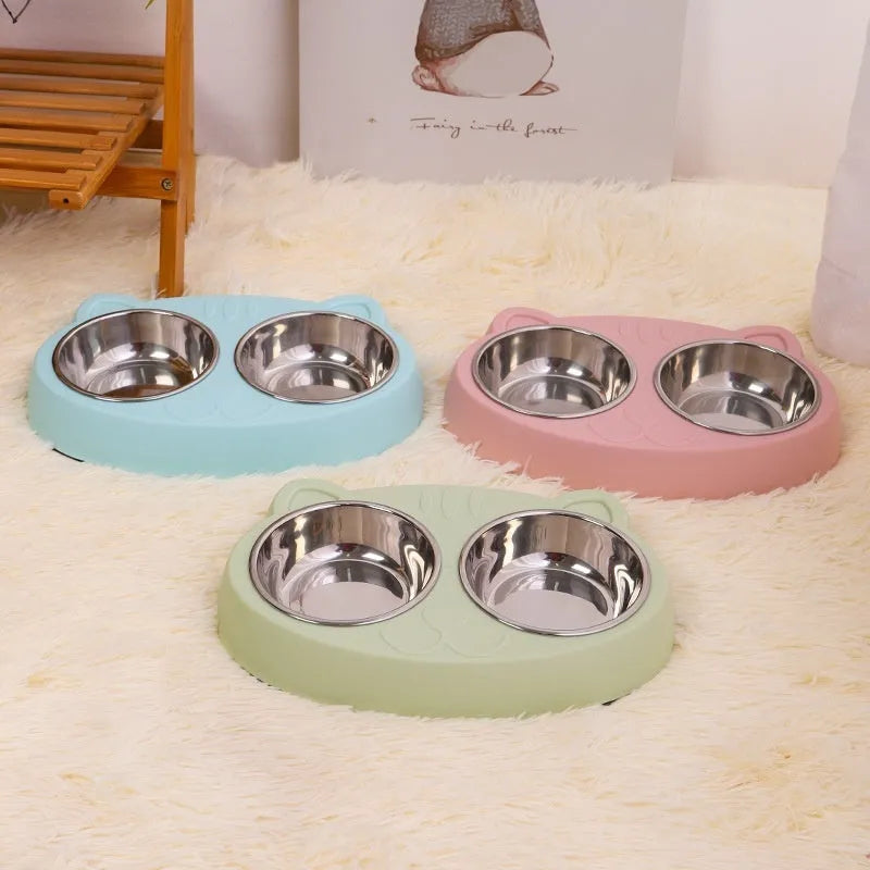 Blue stainless steel cat face bowl for feeding and watering cats, 13 cm diameter