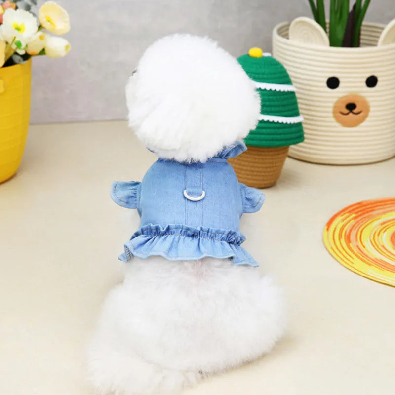 Blue denim dog dress with ruffles and leash attachment points on chest and back