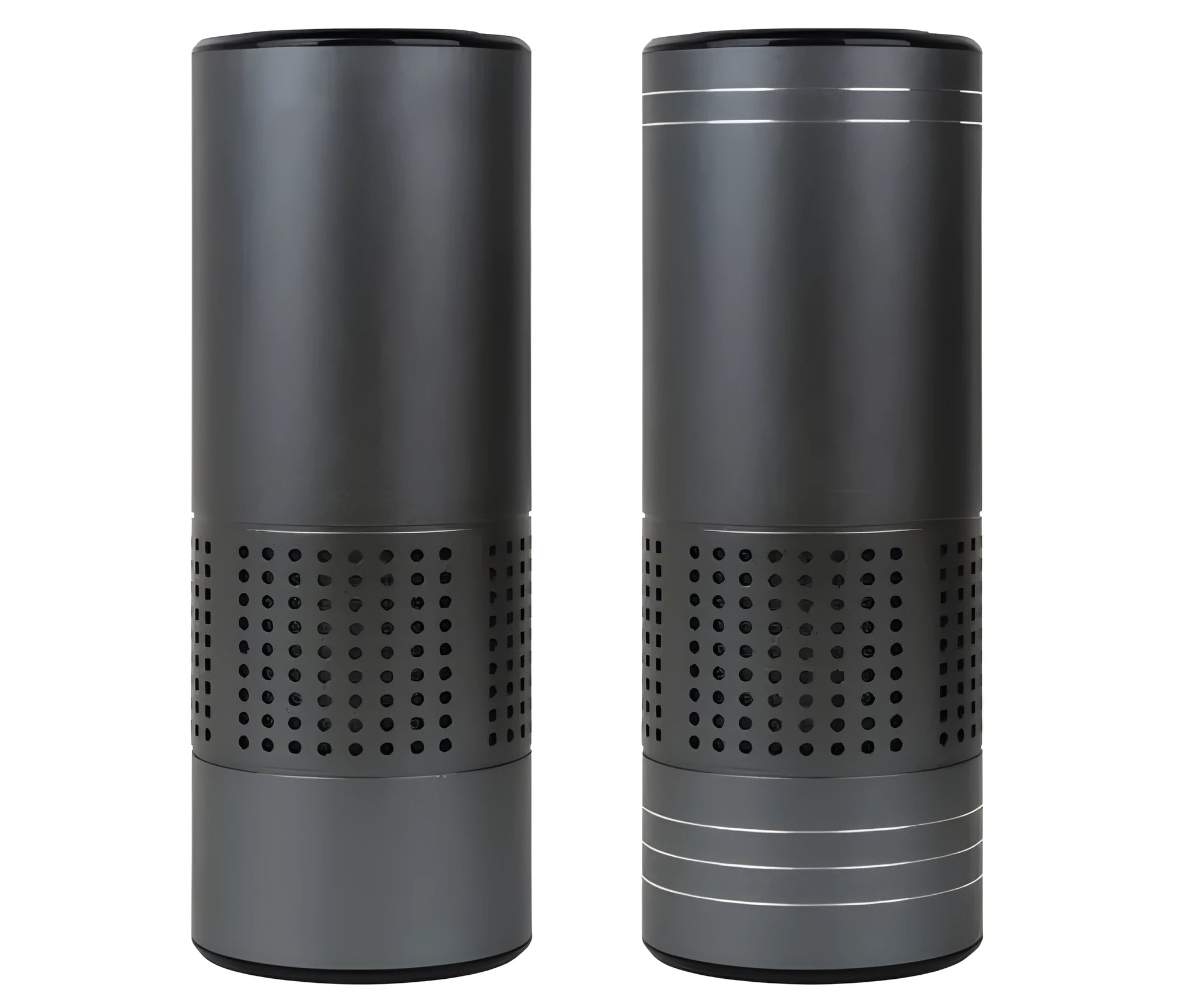 Aluminium alloy car air purifier with USB cable, negative ion generator, and air quality display.
