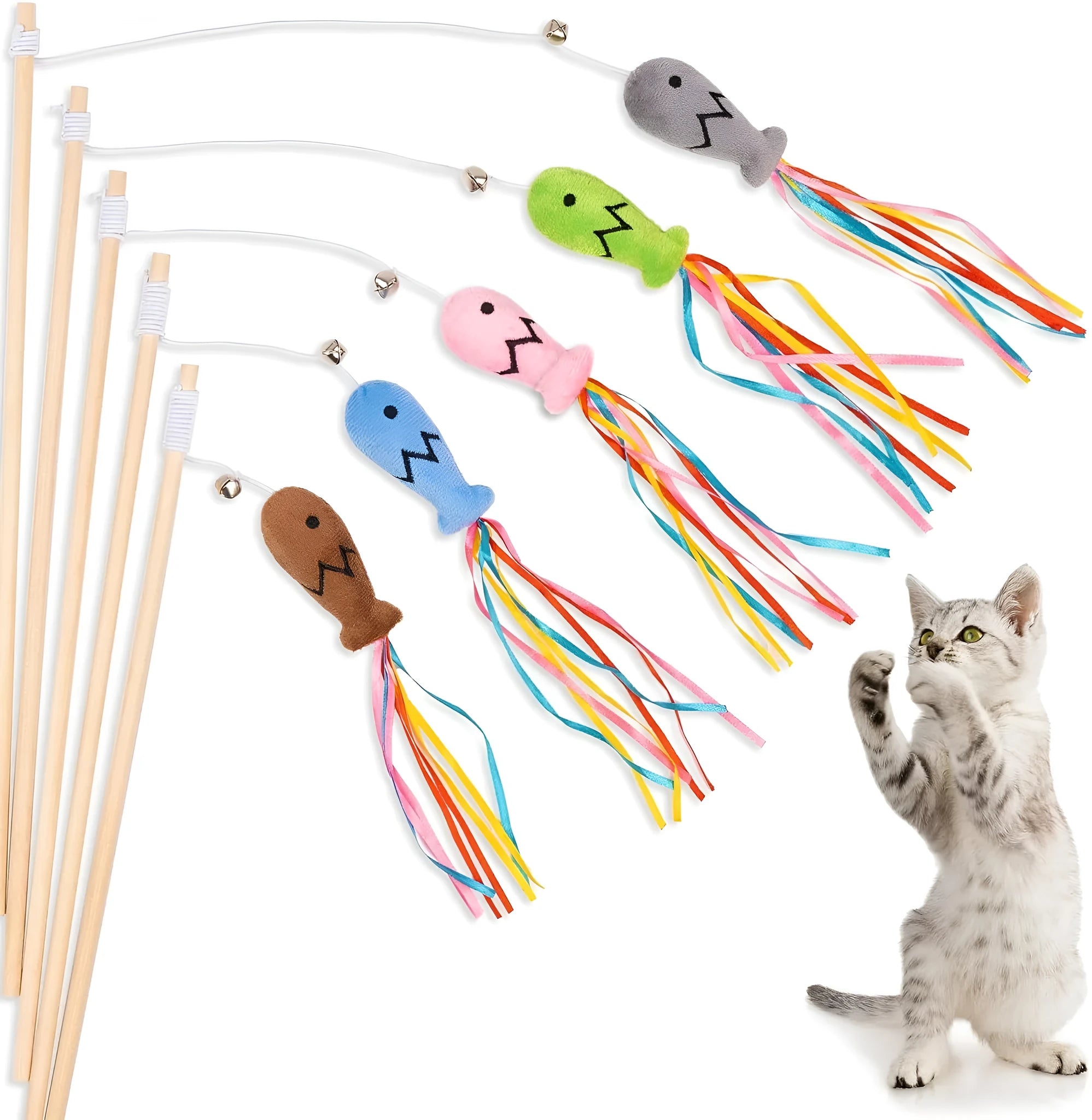 Interactive cat wand toy with wooden handle, colourful ribbons, catnip fish, and bell for indoor cat play