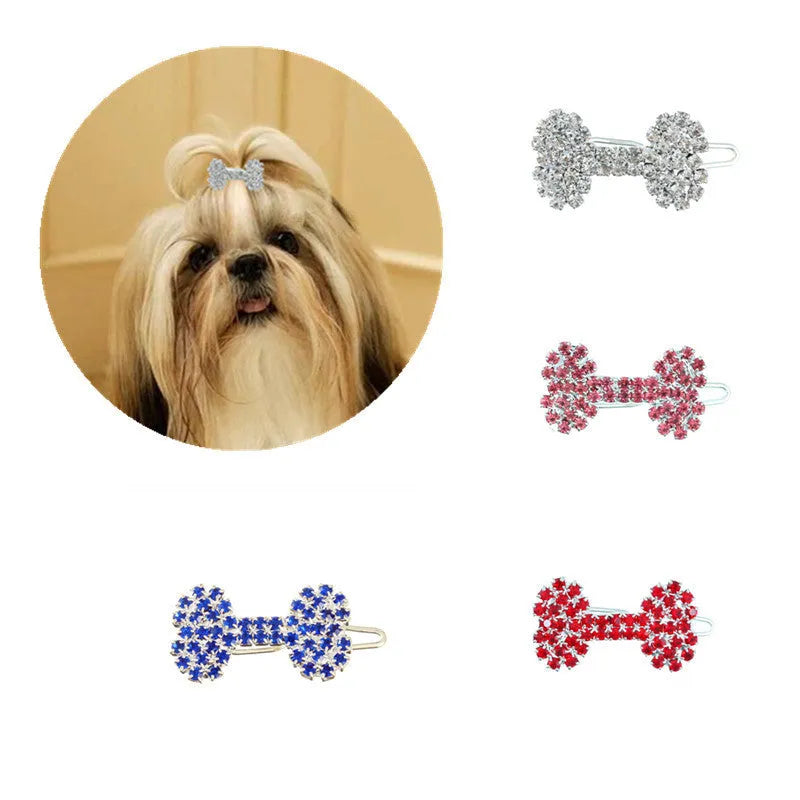 White pet barrette with diamond dog bone ornament, size S, for small dogs and cats