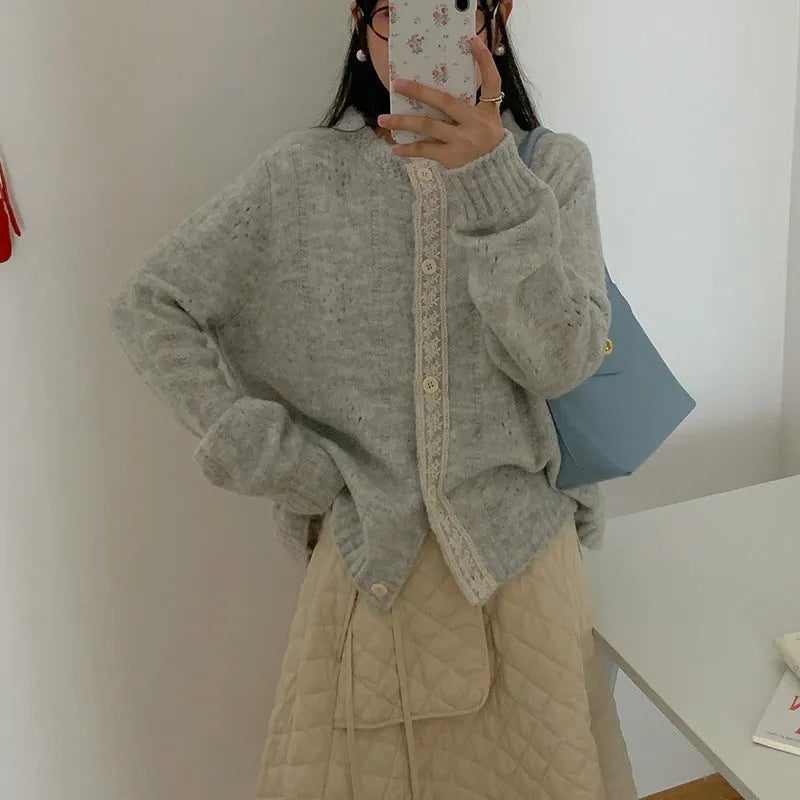 Artistic retro loose fit cardigan in viscose fibre, free size, apricot colour option
