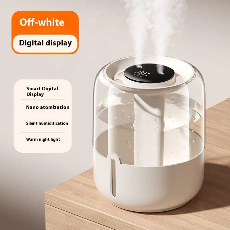 Beige round USB humidifier with dual spray nozzles, humidity display, and gear controls.