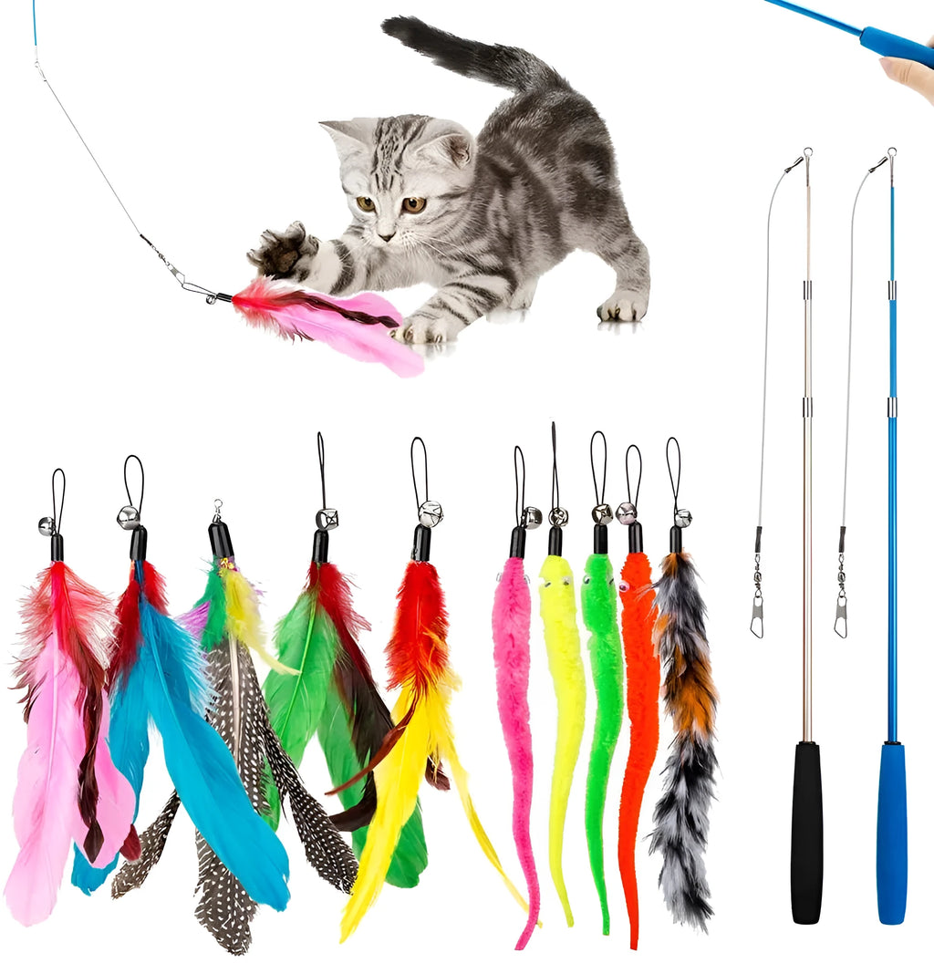 Cat teasing pole set showing two handheld rods with feather attachments and replacement heads