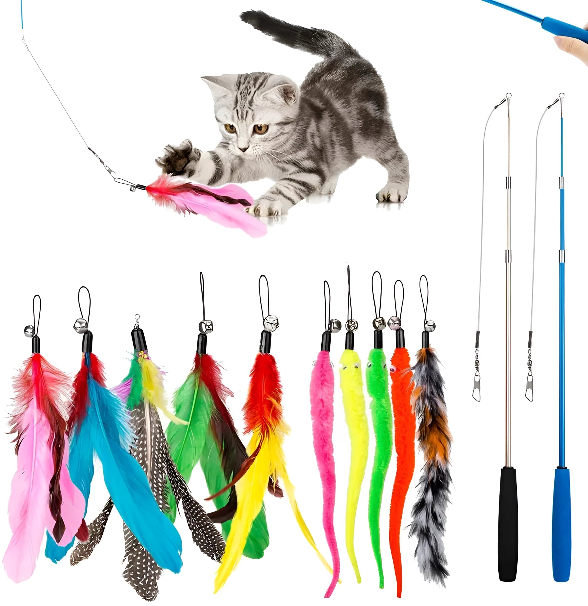 Cat teasing pole set showing two handheld rods with feather attachments and replacement heads