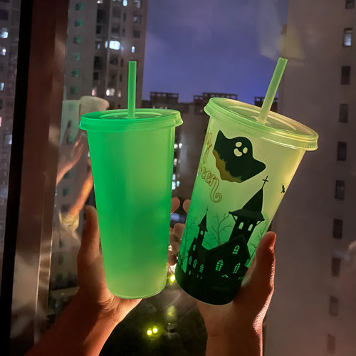 A tall 720ml plastic Halloween-themed cup with a luminous straw, shown in one of six available colours.