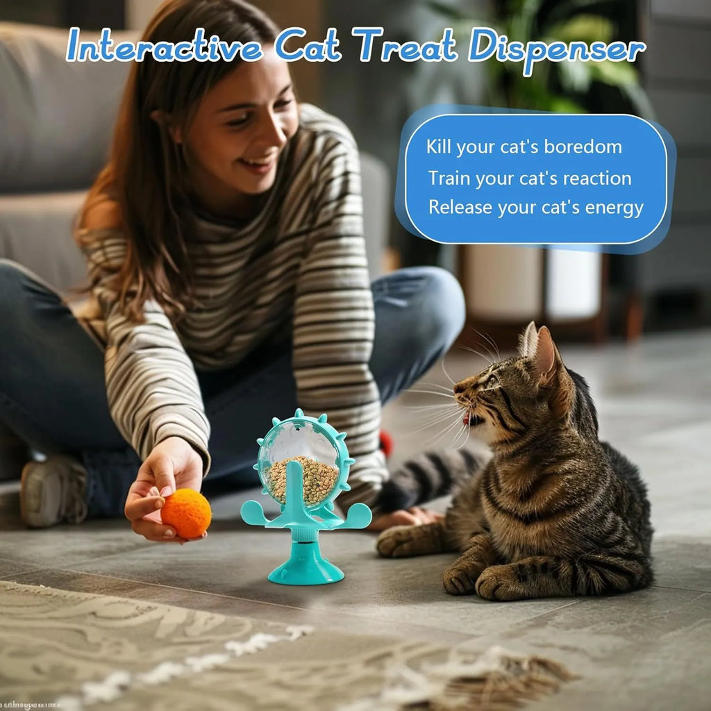 Interactive pet puzzle feeder with spinning dispenser and suction cup base in blue green red yellow colours