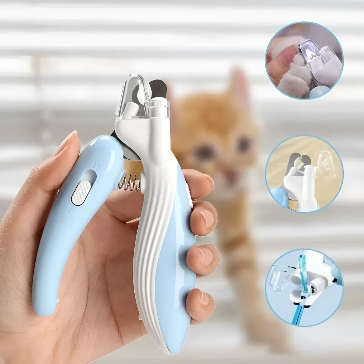Whale Nail Clippers with LED light in Light Blue, showing half-moon blade and safety lock
