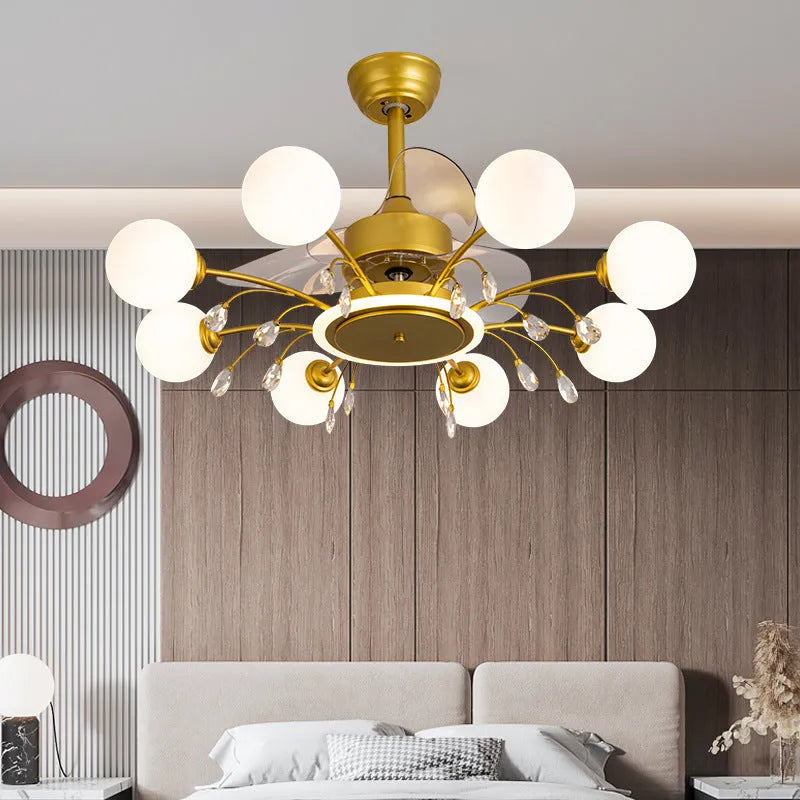 Ceiling fan lamp chandelier with metal blades and acrylic lampshade in living room setting