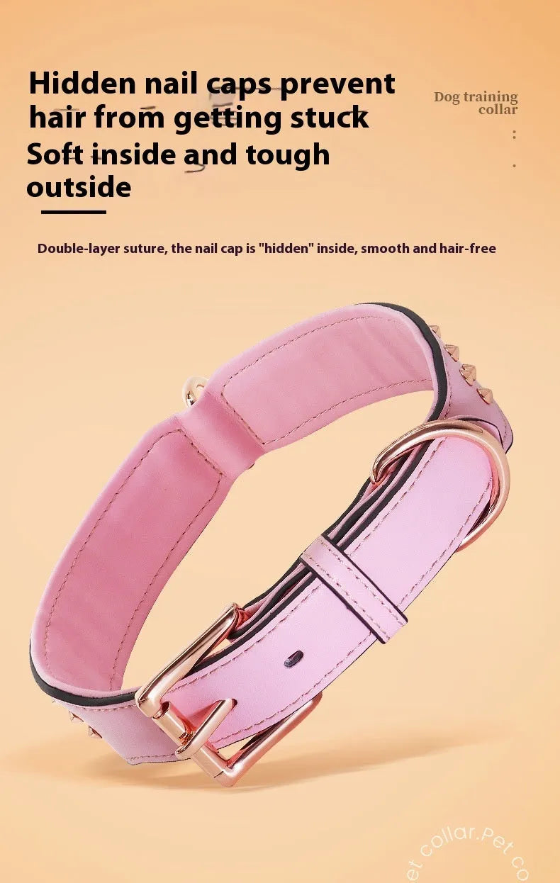 Leather dog collar with visible rivets in black, chocolate or pink for medium to large breeds