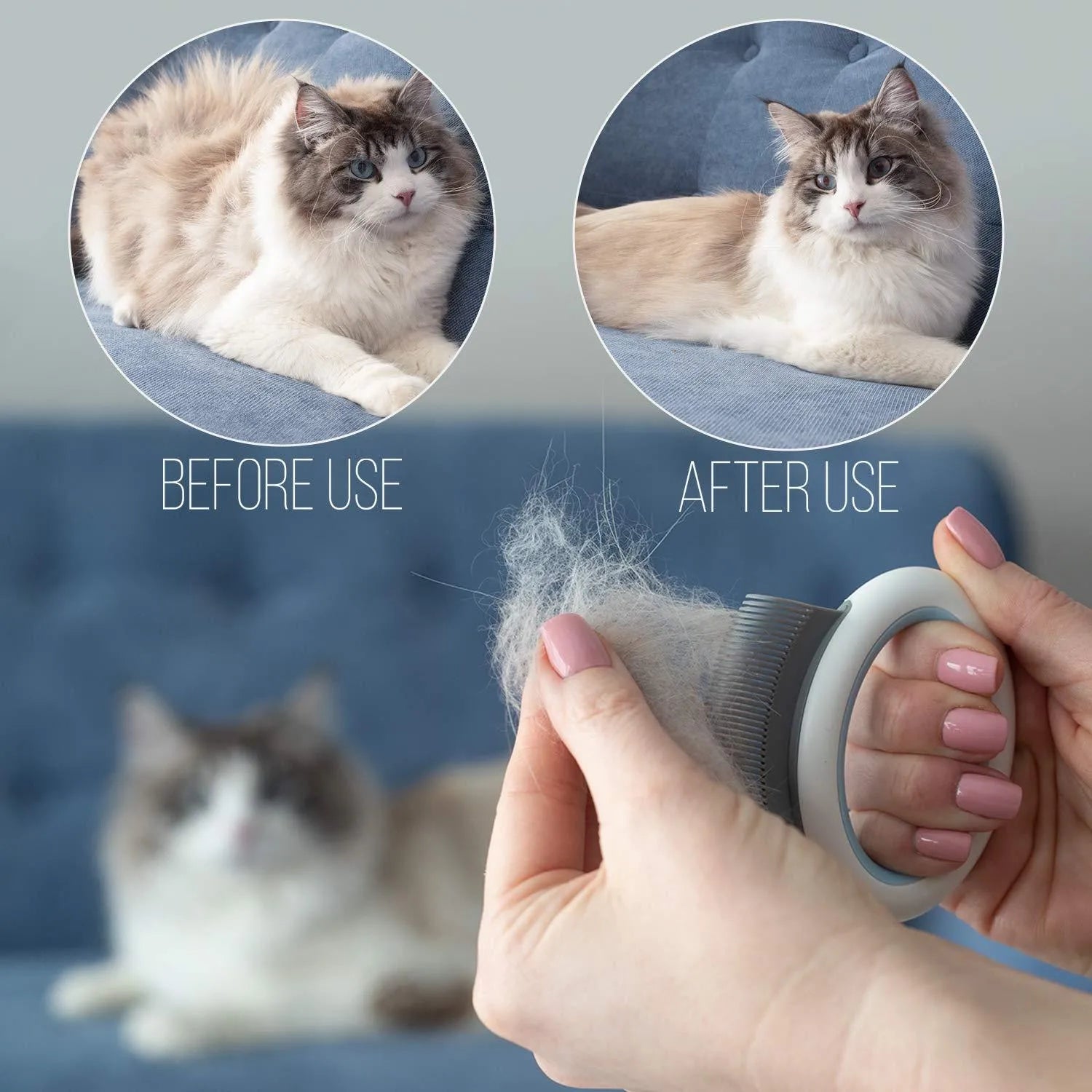 Blue plastic pet grooming comb with ergonomic handle for deshedding cats and dogs