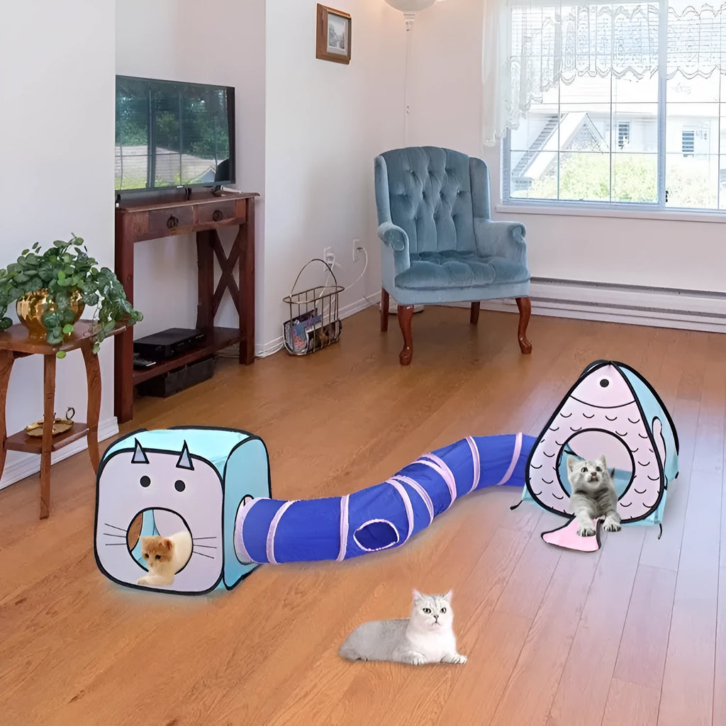 Foldable pet tent and tunnel set for cats in a cat and fish print design.