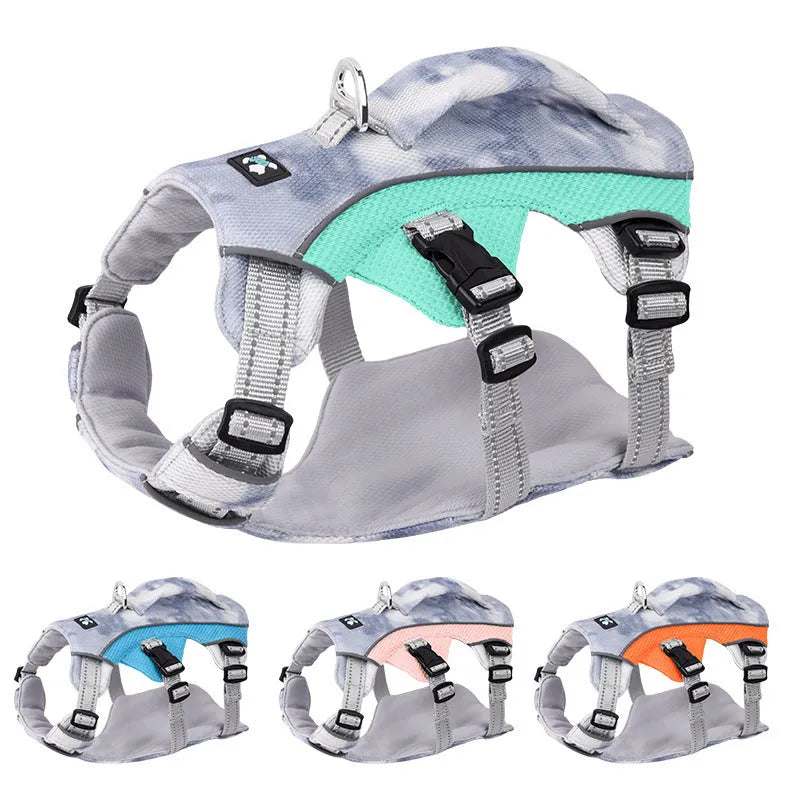 Reflective dog cooling chest strap in light blue, adjustable for walking safety