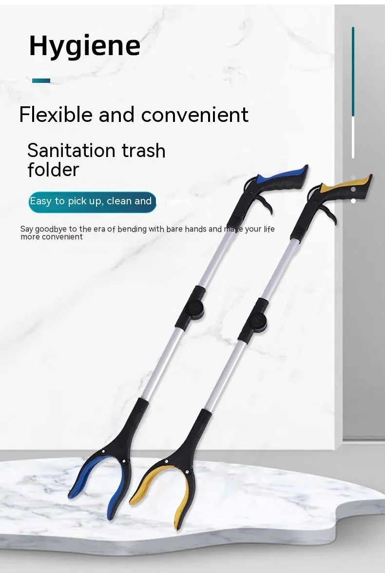 Foldable aluminium rubbish clamp with magnet sucker shown extended and collapsed