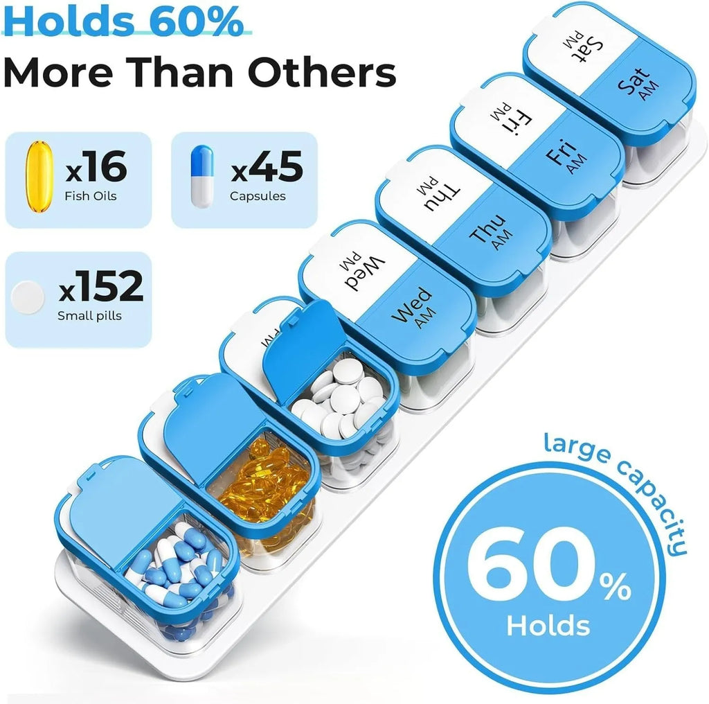 14-compartment pill organiser with removable sections in white and rainbow colour options