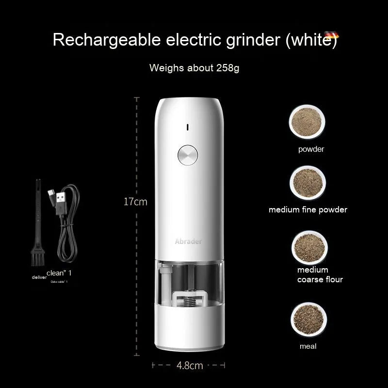 Rechargeable electric pepper and salt grinder set with clear acrylic body, LED light, and USB charging cable