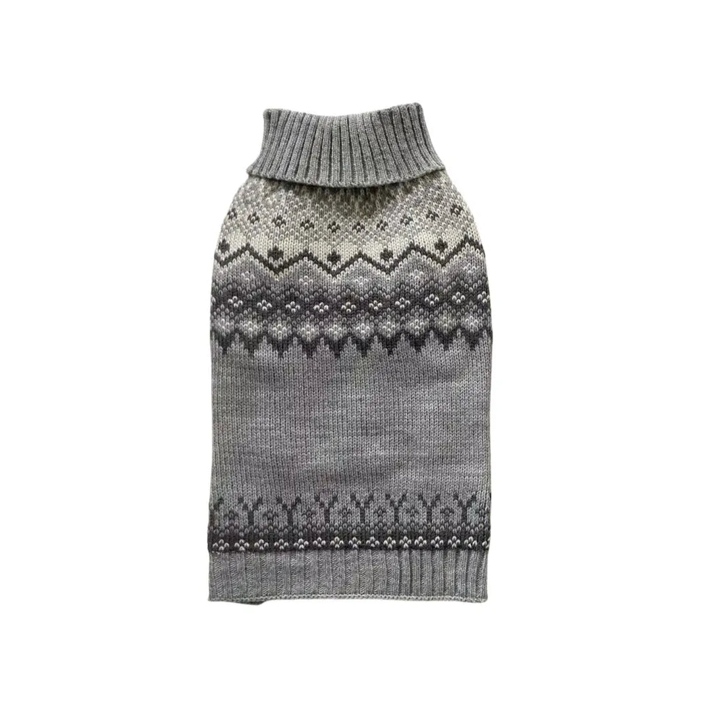 Grey Fair Isle polyester sweater for little dogs and teddy breeds, autumn winter pet clothing
