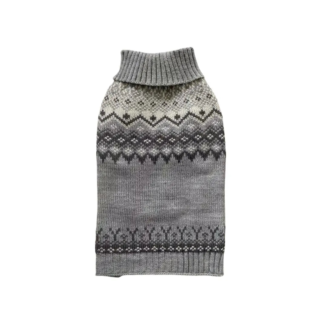 Grey Fair Isle polyester sweater for little dogs and teddy breeds, autumn winter pet clothing