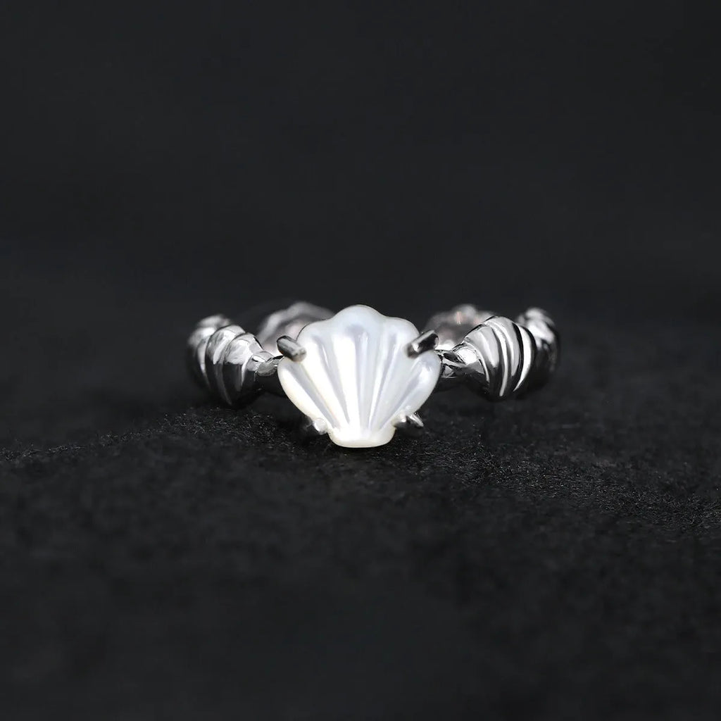 Silver ring with shell tiger eye stone, adjustable opening, electroplated white gold finish side view