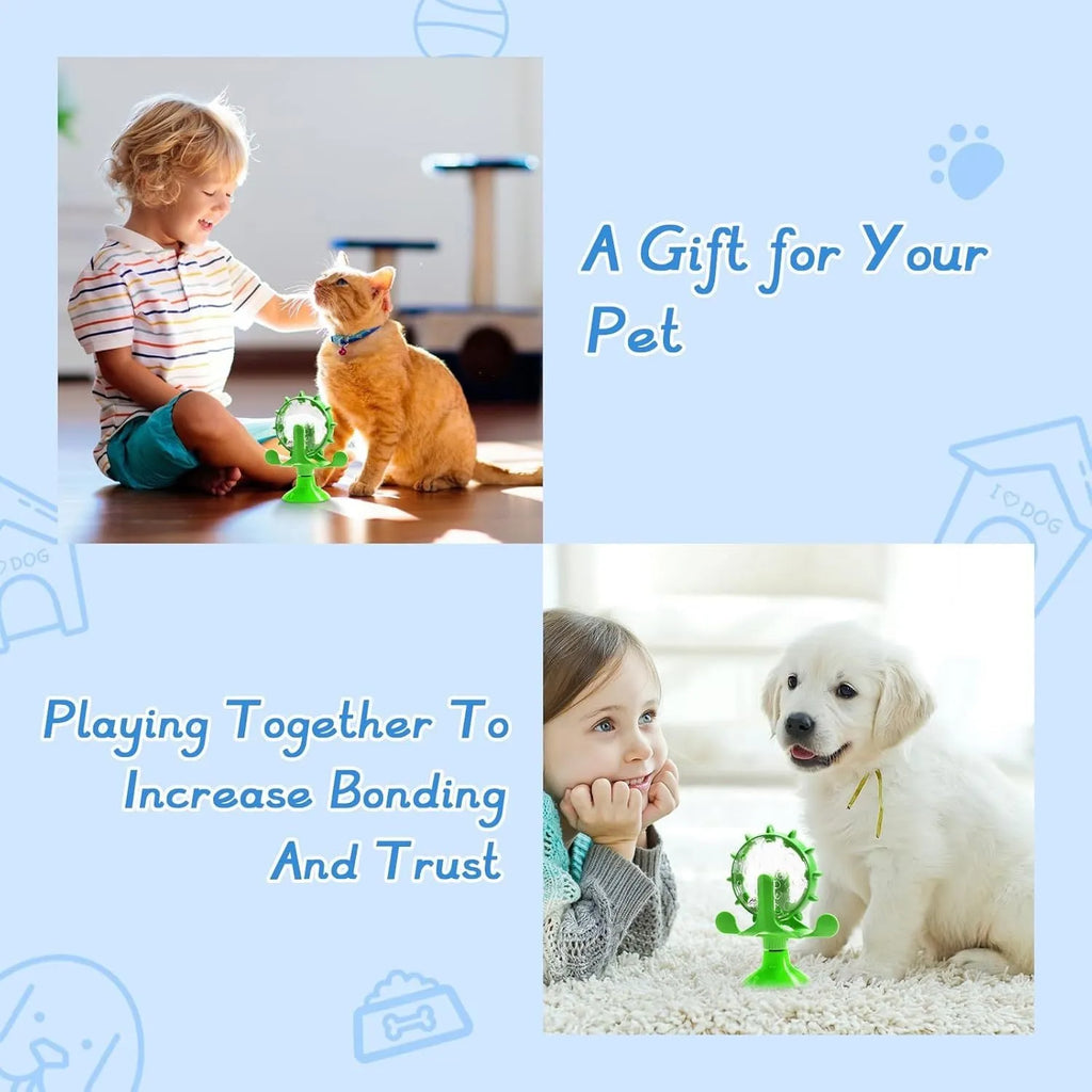 Interactive pet puzzle feeder with spinning dispenser and suction cup base in blue green red yellow colours